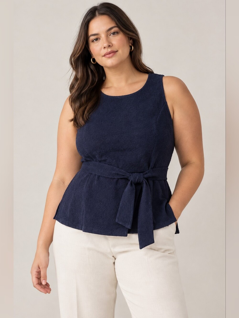 M.M.LaFleur +1 1X Navy Sleeveless Top Tie Waist Textured Cotton Stretch NYC